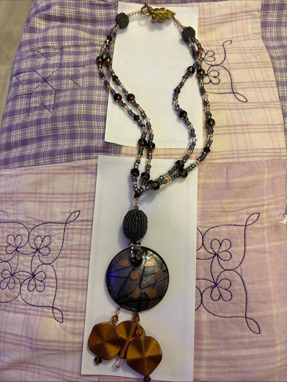 Handcrafted Bronze, Silver & Black Beaded Glass Pendant Necklace